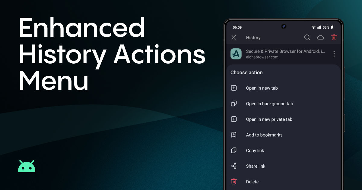 Manage your browsing history pages: reopen, share, or add to bookmarks.
